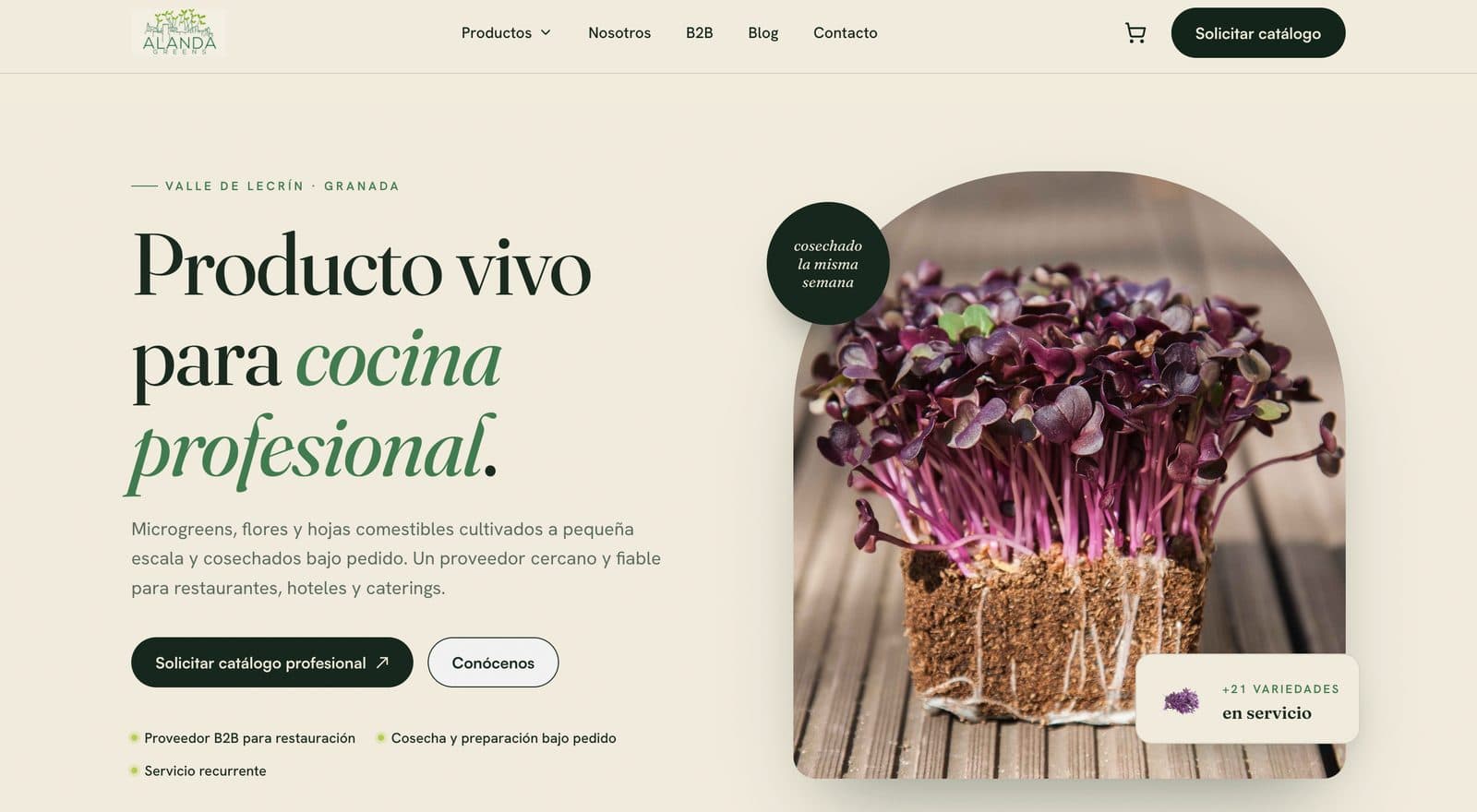 Web de Alanda Greens, microgreens para alta cocina en el Valle de Lecrín